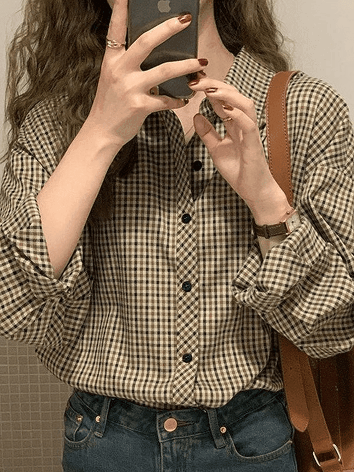 Vintage Long Sleeve Checkered Blouse - AnotherChill