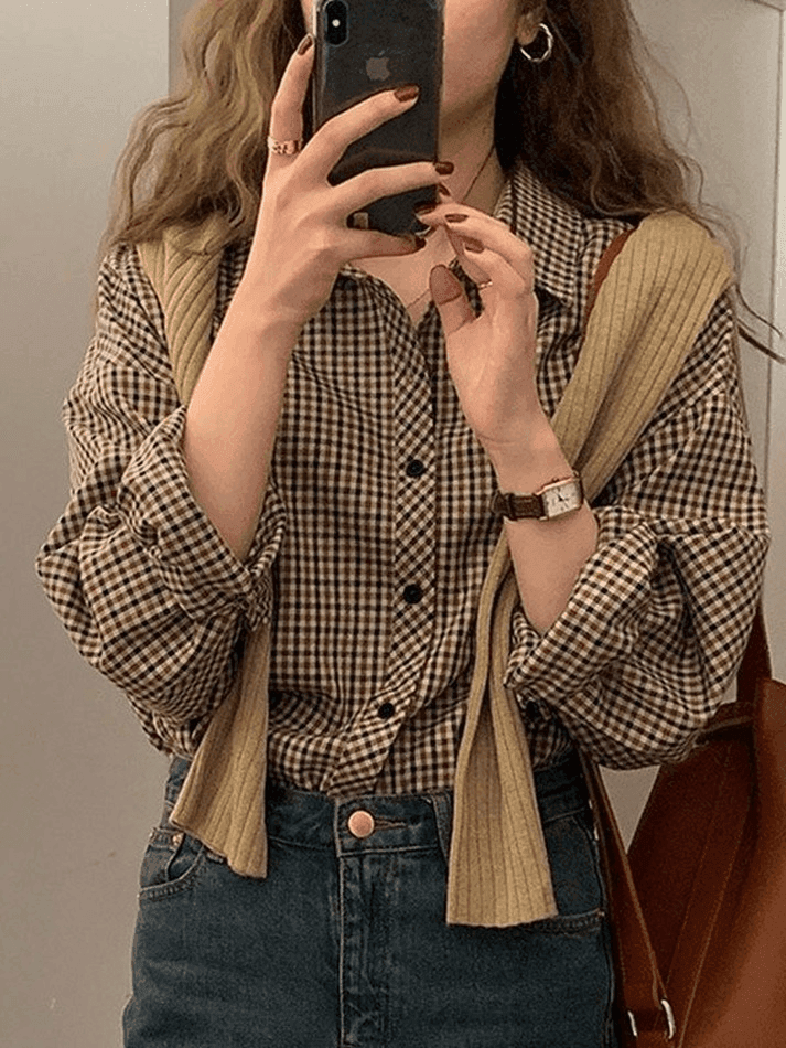 Vintage Long Sleeve Checkered Blouse - AnotherChill