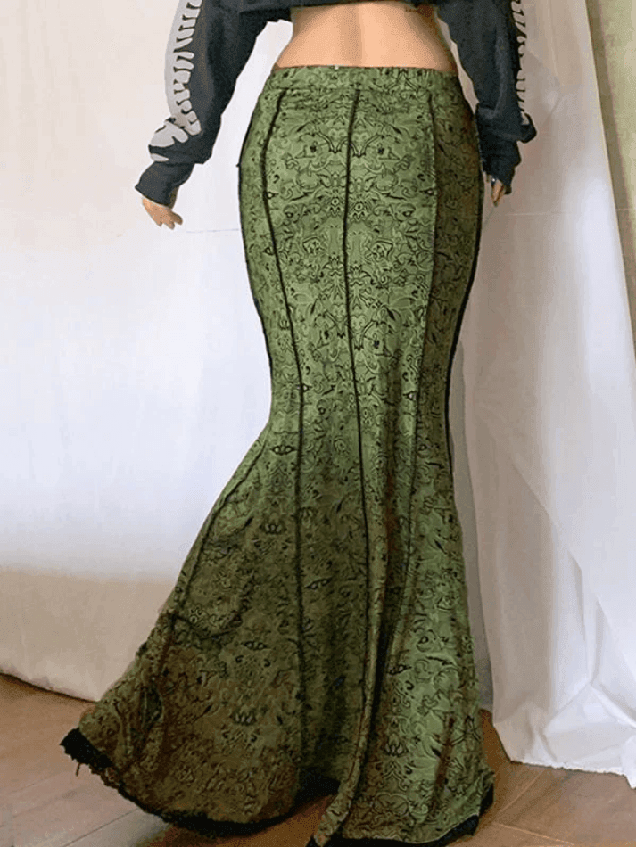 2023 Vintage Mermaid Patchwork Printed Maxi Skirt Green S in