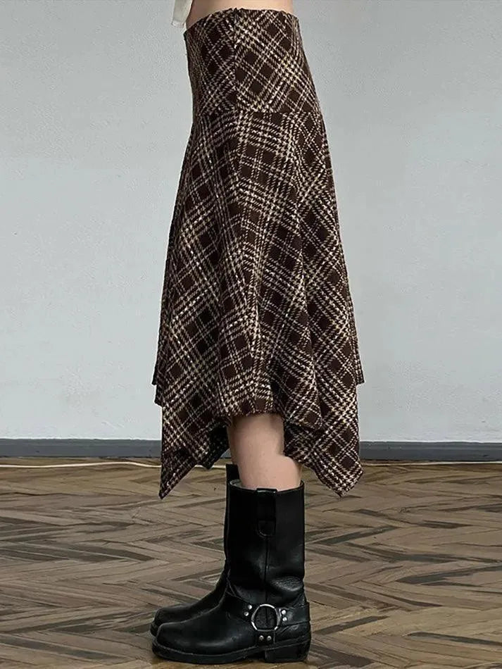 Vintage Plaid Contrast High-Waisted Asymmetrical Skirt - AnotherChill