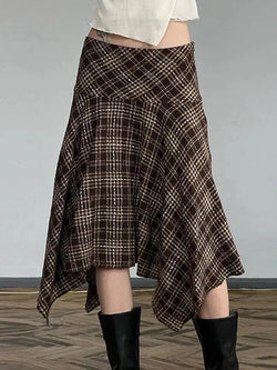 Vintage Plaid Contrast High-Waisted Asymmetrical Skirt - AnotherChill