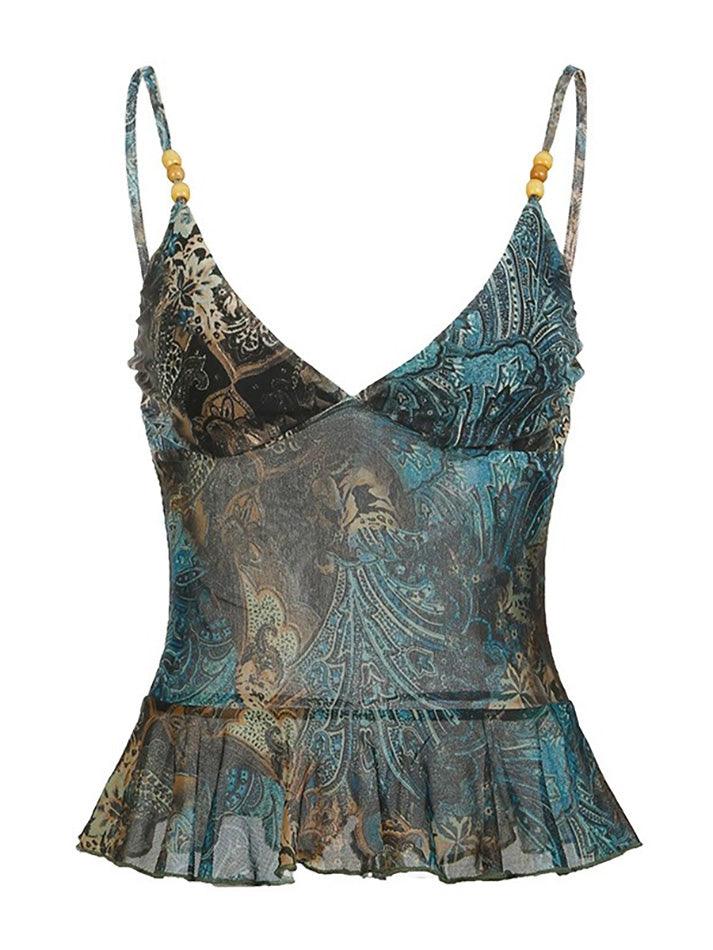 Vintage Print Beaded V-Neck Mesh Cami Top - AnotherChill