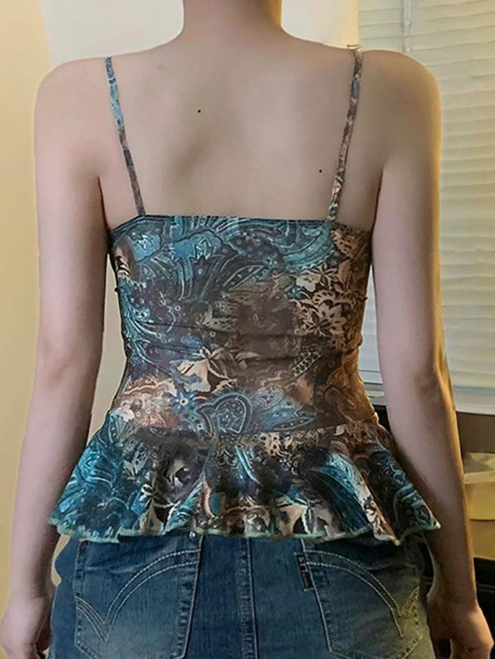 Vintage Print Beaded V-Neck Mesh Cami Top - AnotherChill