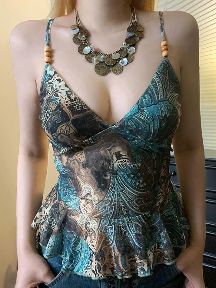 Vintage Print Beaded V-Neck Mesh Cami Top - AnotherChill