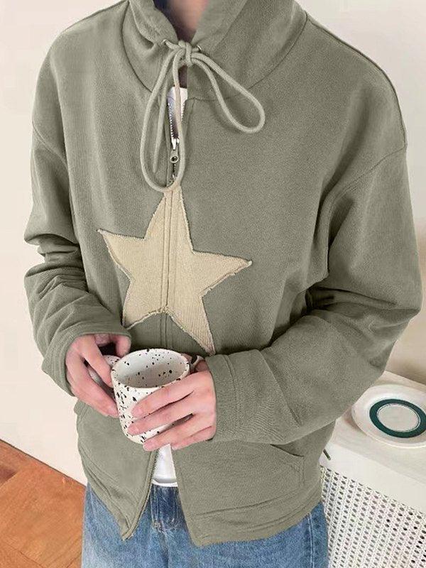 Vintage Star Patch Baggy Zip Up Hoodie - AnotherChill