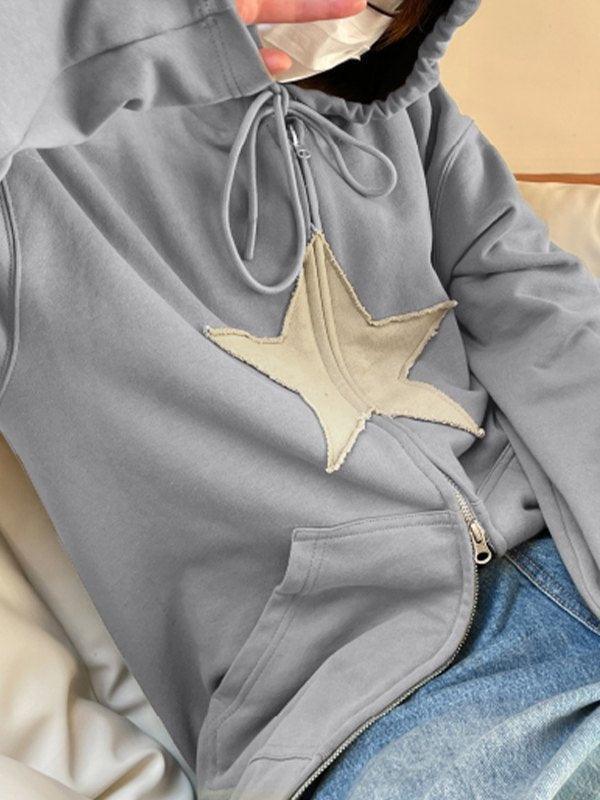 Vintage Star Patch Baggy Zip Up Hoodie - AnotherChill