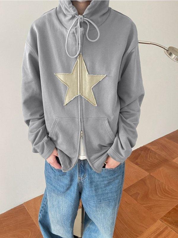 Vintage Star Patch Baggy Zip Up Hoodie - AnotherChill