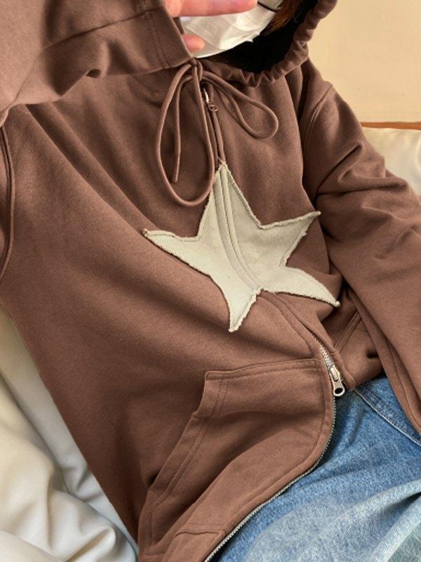 Vintage Star Patch Baggy Zip Up Hoodie - AnotherChill