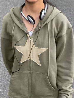 Vintage Star Patch Baggy Zip Up Hoodie - AnotherChill