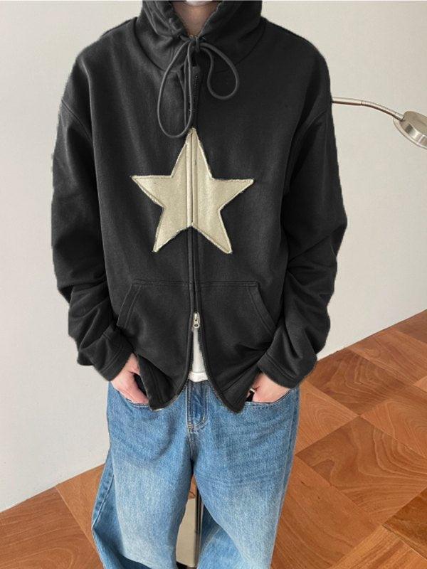 Vintage Star Patch Baggy Zip Up Hoodie - AnotherChill