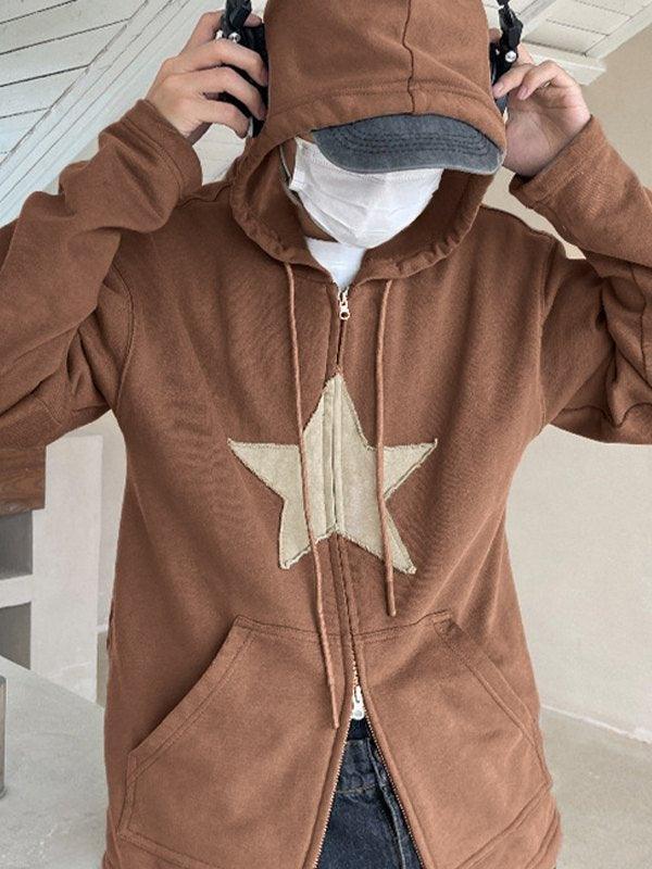 Vintage Star Patch Baggy Zip Up Hoodie - AnotherChill