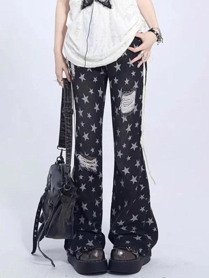 Vintage Star Print Ripped Flare Jeans - AnotherChill