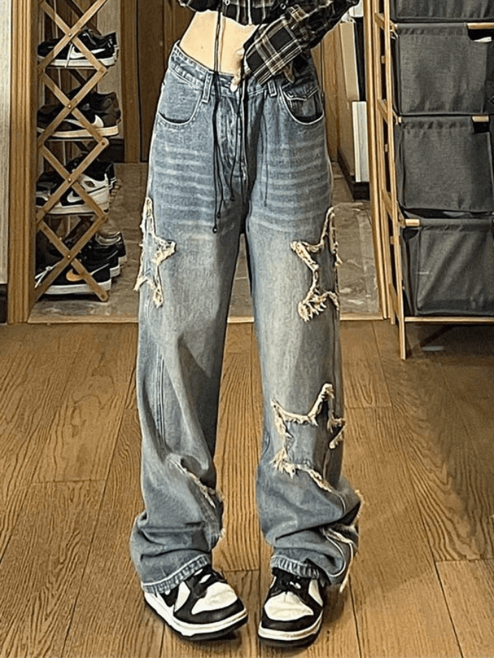 2024 Vintage Wash Distressed Star Patch Boyfriend Jeans Blue S in Jeans ...