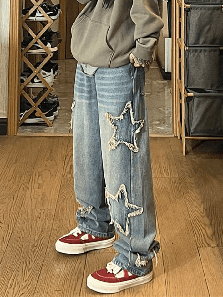 2024 Vintage Wash Distressed Star Patch Boyfriend Jeans Blue S in Jeans ...
