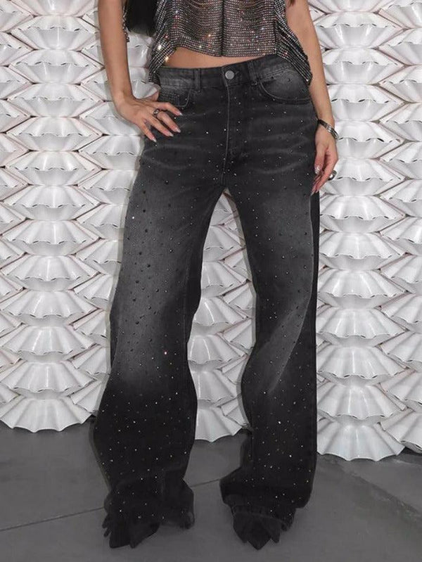 Wash Distressed Rhinestone High Rise Boyfriend Jeans - AnotherChill