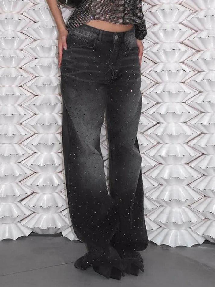 Wash Distressed Rhinestone High Rise Boyfriend Jeans - AnotherChill