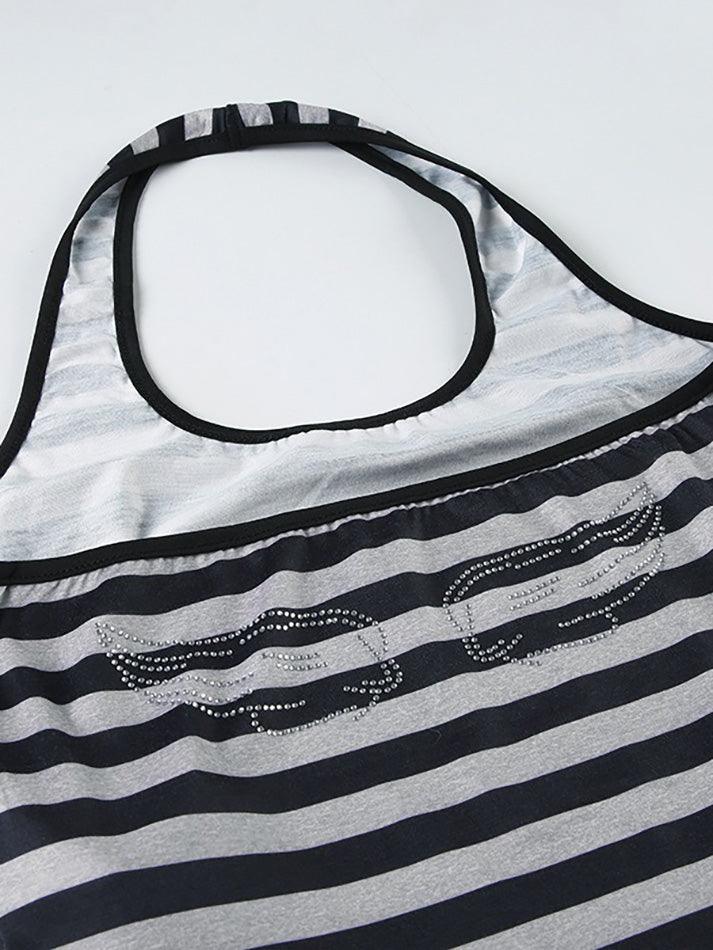 Wing Rhinestone Halter Backless Striped Tank Top - AnotherChill