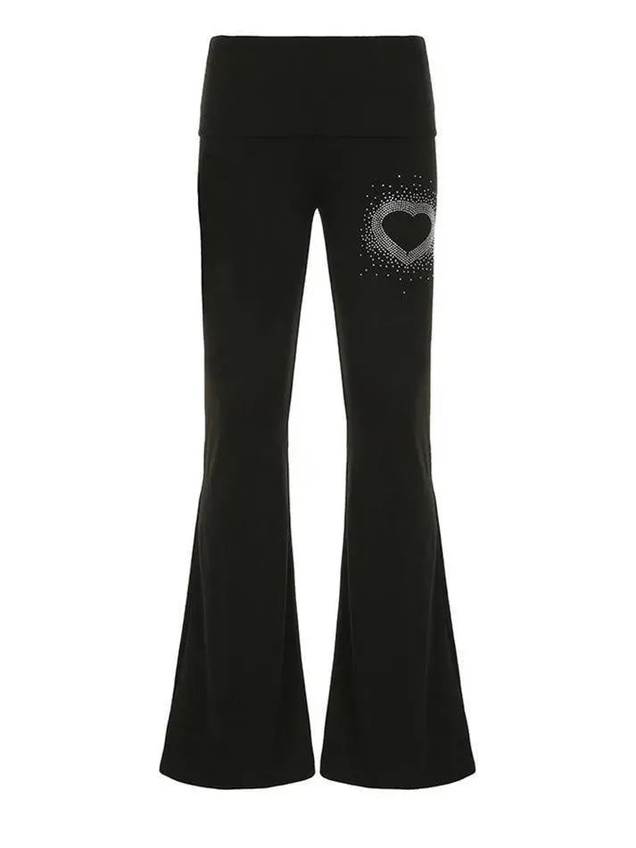 Y2K Heart Rhinestone Foldover Flared Pants - AnotherChill