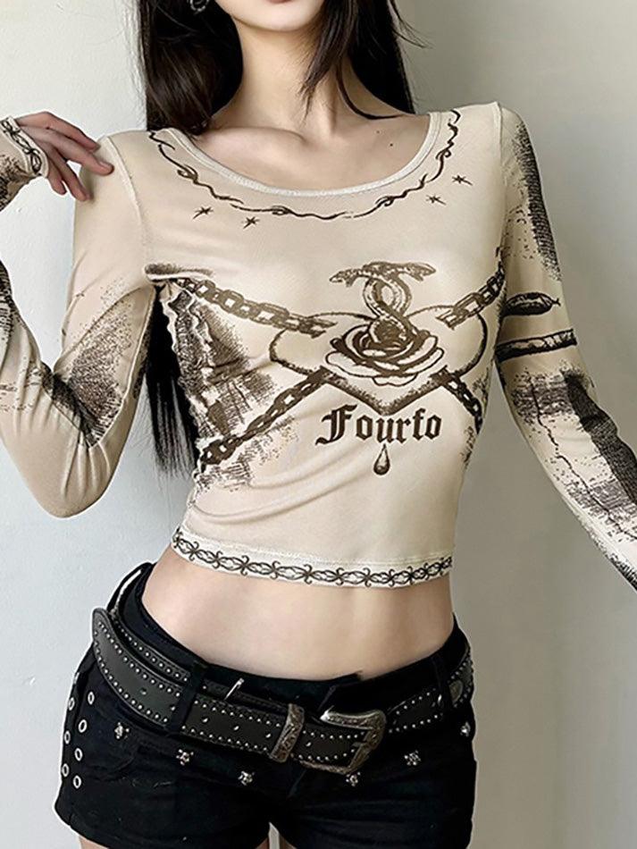 Y2K Printed Mesh Long Sleeve Crop Top - AnotherChill