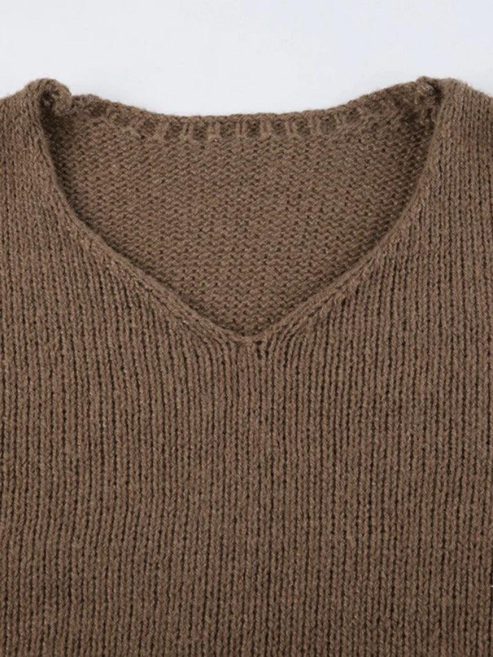 Solid V Neck Slit Rolled Sweater - AnotherChill