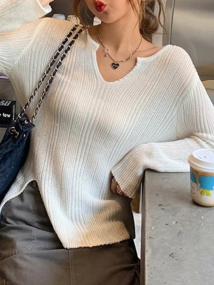 Solid V Neck Slit Thin Long Sleeve Knit - AnotherChill