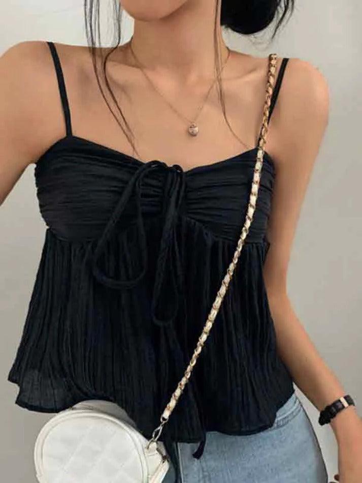 Solid Color Pleated Lace Up Cami Top - AnotherChill