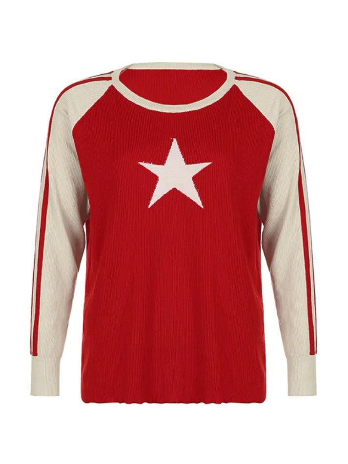 Vintage Contrast Color Star Raglan Sweater - AnotherChill