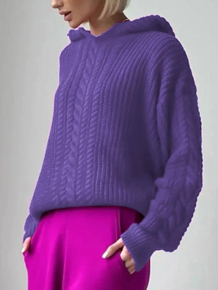 Solid Color Hooded Cable Knit Sweater - AnotherChill