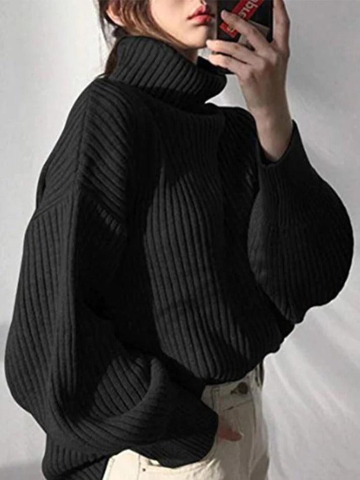 Solid Turtleneck Ribbed Knit Sweater - AnotherChill