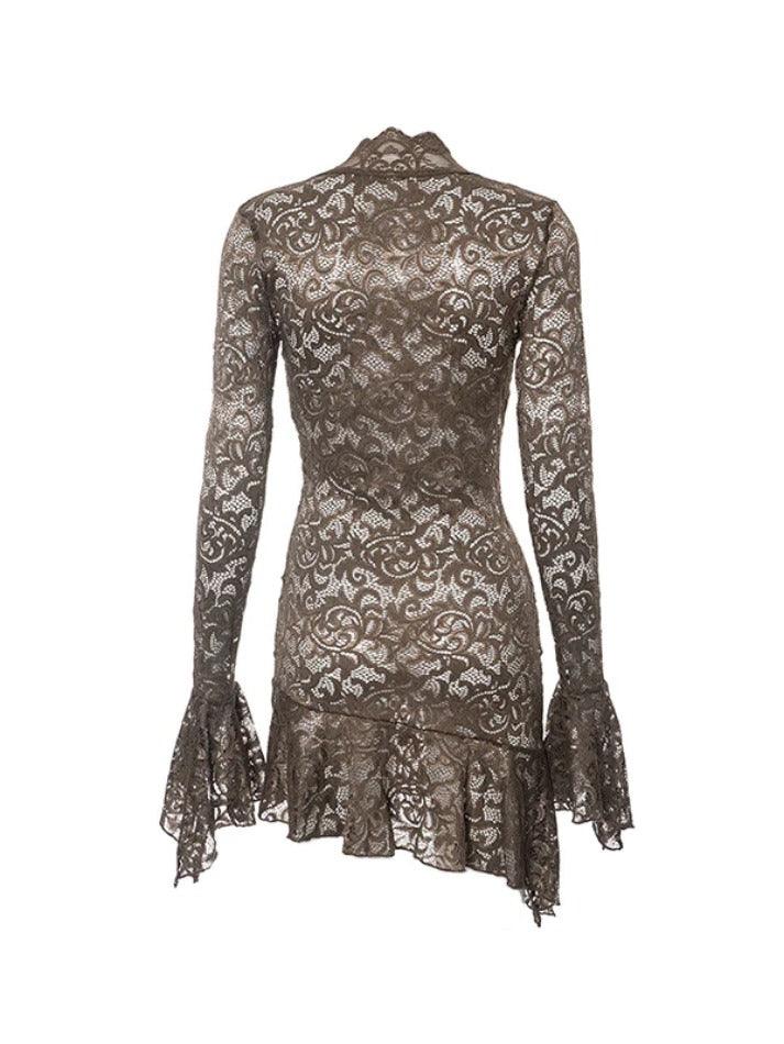 Lace V Neck Trumpet Sleeve Mini Dress - AnotherChill