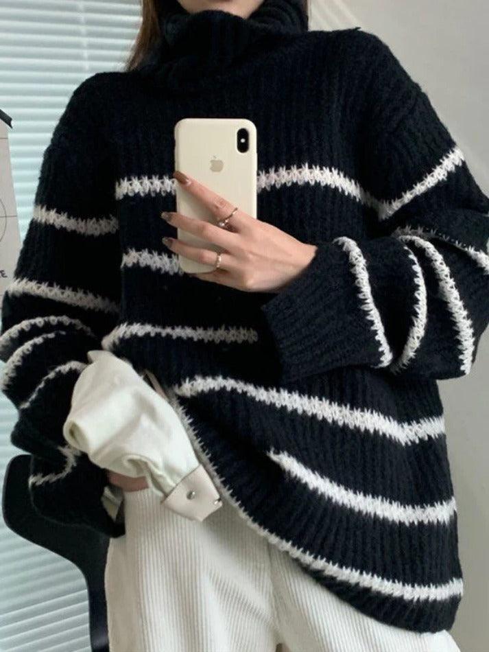 Turtleneck Striped Knit Sweater - AnotherChill