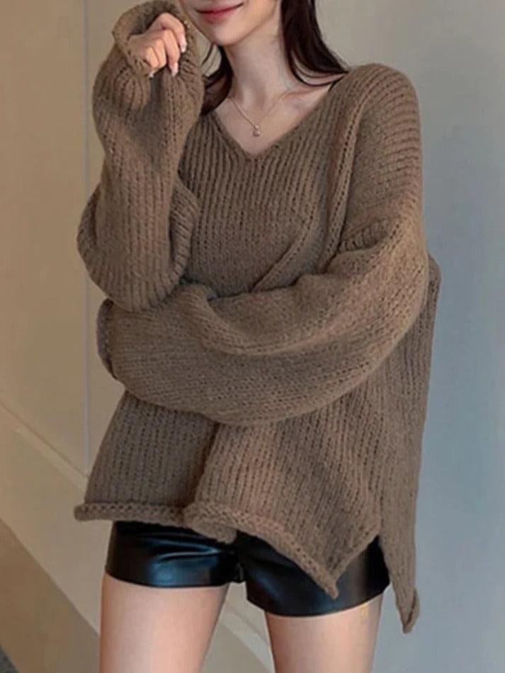 Solid V Neck Slit Rolled Sweater - AnotherChill