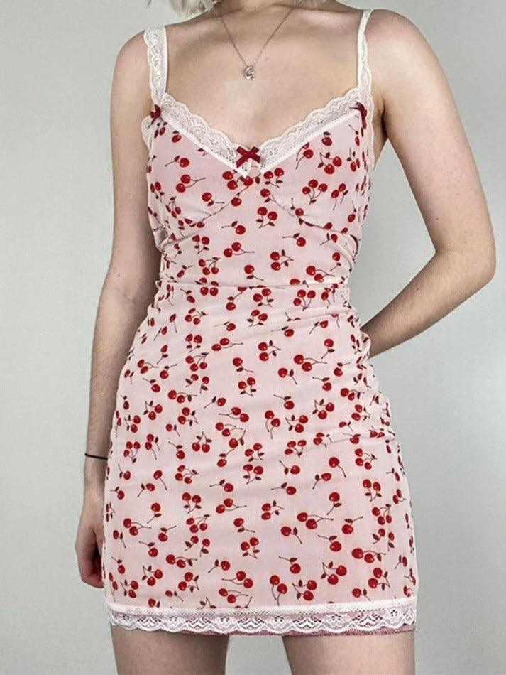 Cherry Print Lace Splice V Neck Mini Dress - AnotherChill