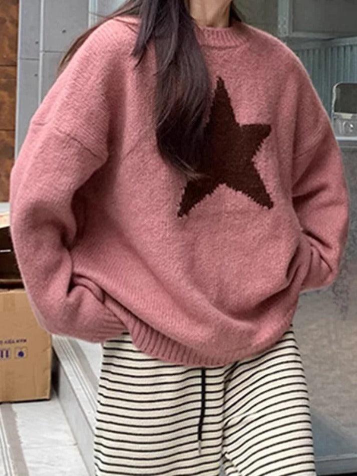 Vintage Star Jacquard Crew Neck Sweater - AnotherChill