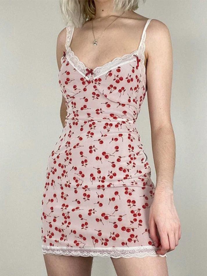 Cherry Print Lace Splice V Neck Mini Dress - AnotherChill