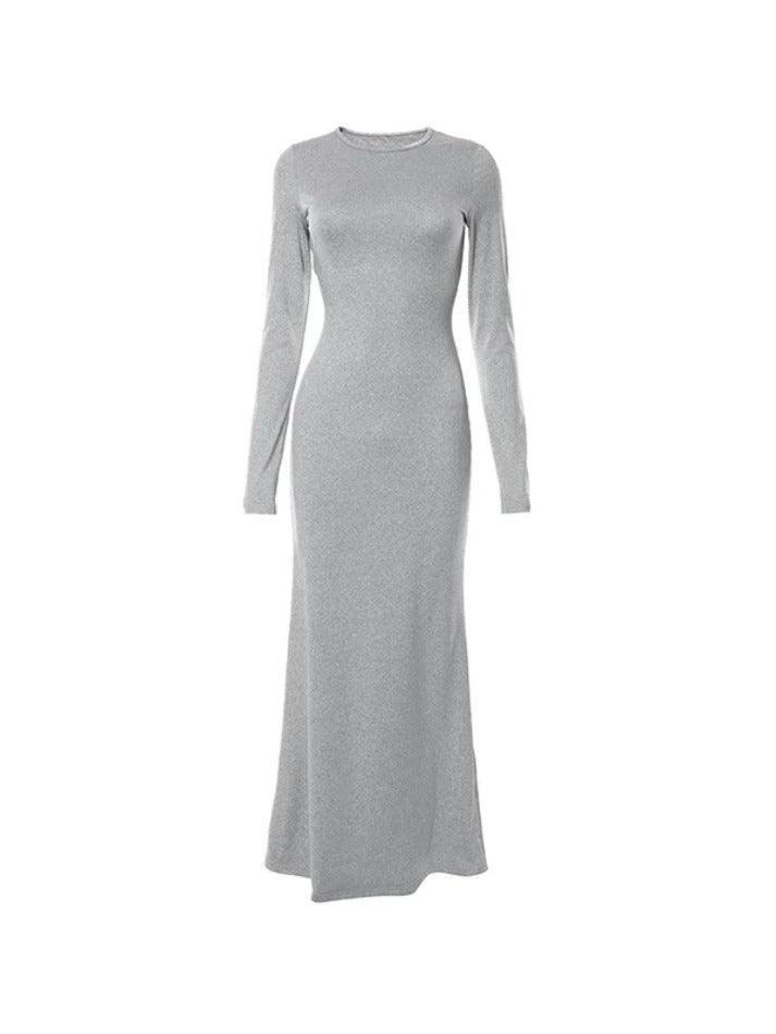 Solid Crew Neck Long Sleeve Mermaid Maxi Dress - AnotherChill