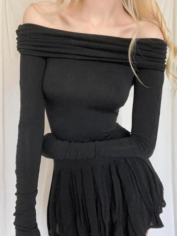 Black Off Shoulder Pleated Slim Mini Dress - AnotherChill