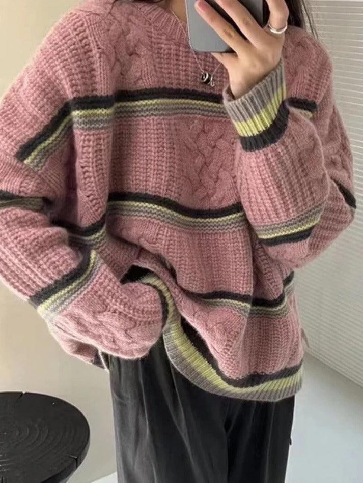 Contrast Color Striped Cable Knit Sweater - AnotherChill