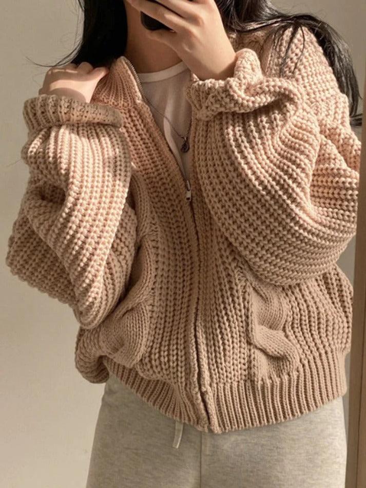 Solid Zip Up Crochet Cable Knit Cardigan - AnotherChill