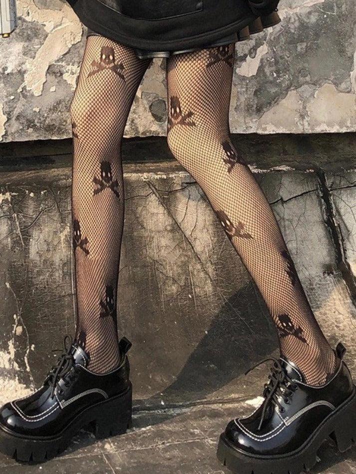 Black Skull Pattern Fishnet Tights - AnotherChill