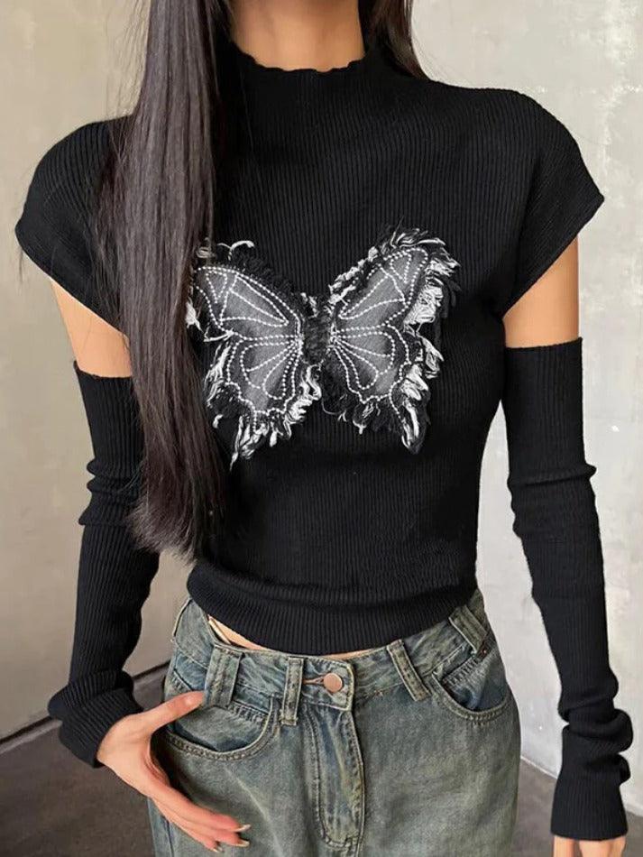 Butterfly Patch Mock Neck With Cuff Long Sleeve Knit - AnotherChill