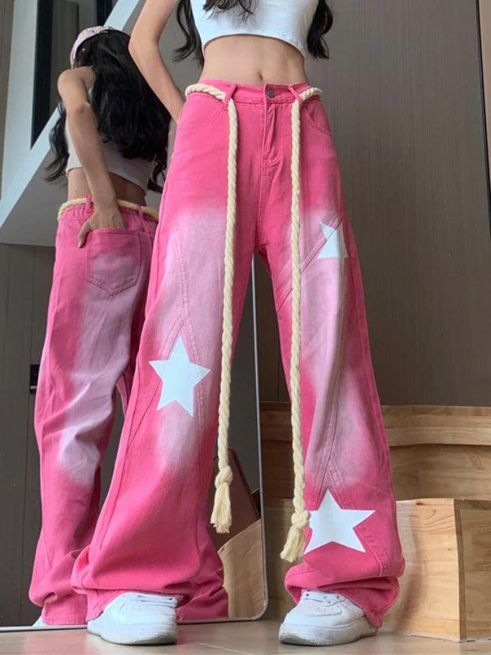 Pink Star Print Splice Boyfriend Jeans - AnotherChill