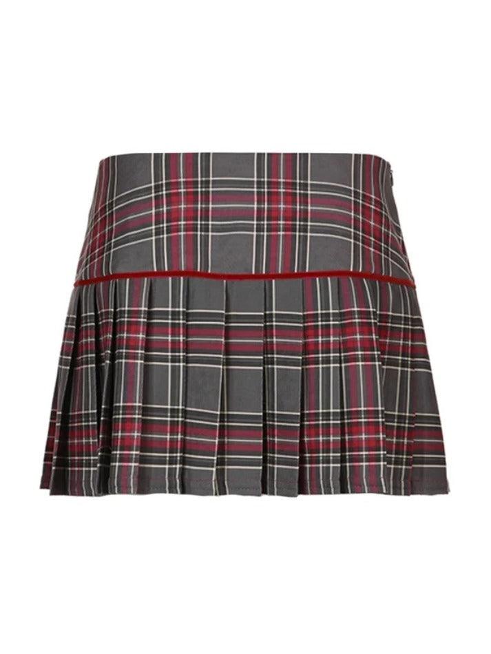 Vintage Plaid Print Bow Decor Pleated Low Rise Mini Skirt - AnotherChill