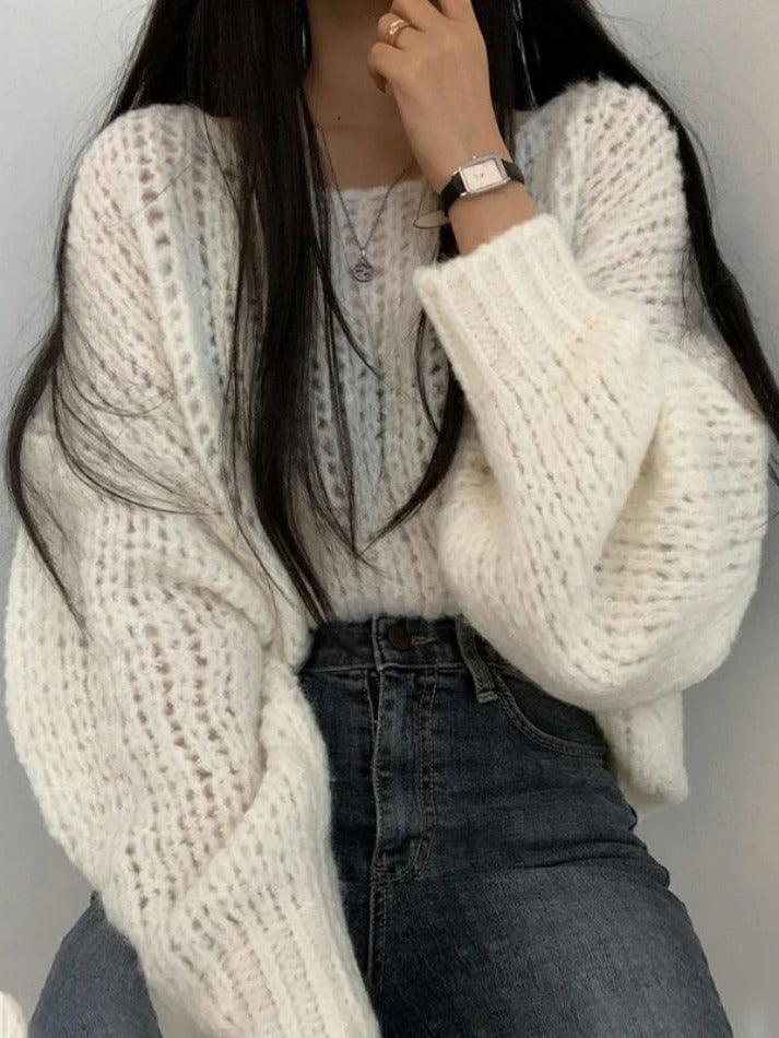 Cutout Lantern Sleeve Baggy Sweater - AnotherChill