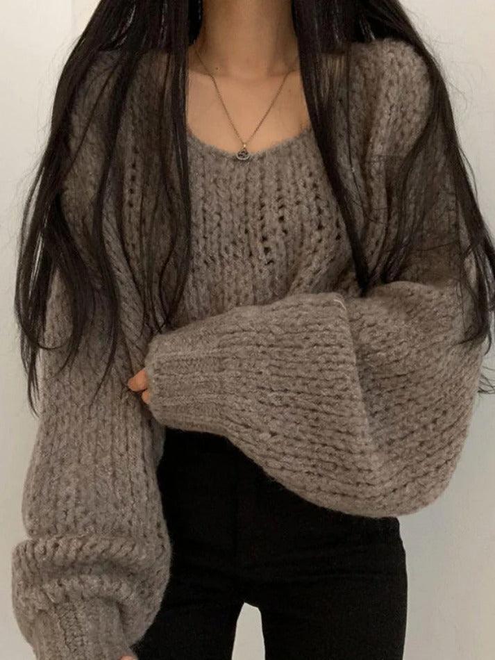 Cutout Lantern Sleeve Baggy Sweater - AnotherChill