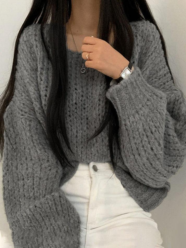 Cutout Lantern Sleeve Baggy Sweater - AnotherChill