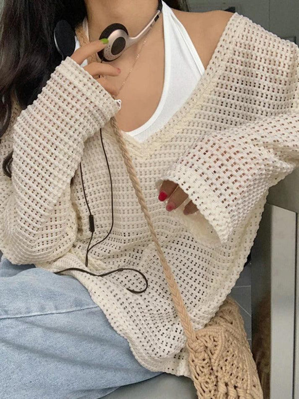 Cutout V Neck Loose Long Sleeve Knit - AnotherChill