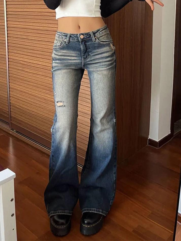 2024 Washed Distressed Frayed Flare Jeans Blue S in Jeans Online Store ...
