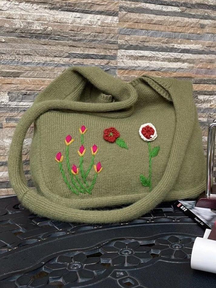 Ethnic Floral Embroidery Knitted Shopper Bag - AnotherChill