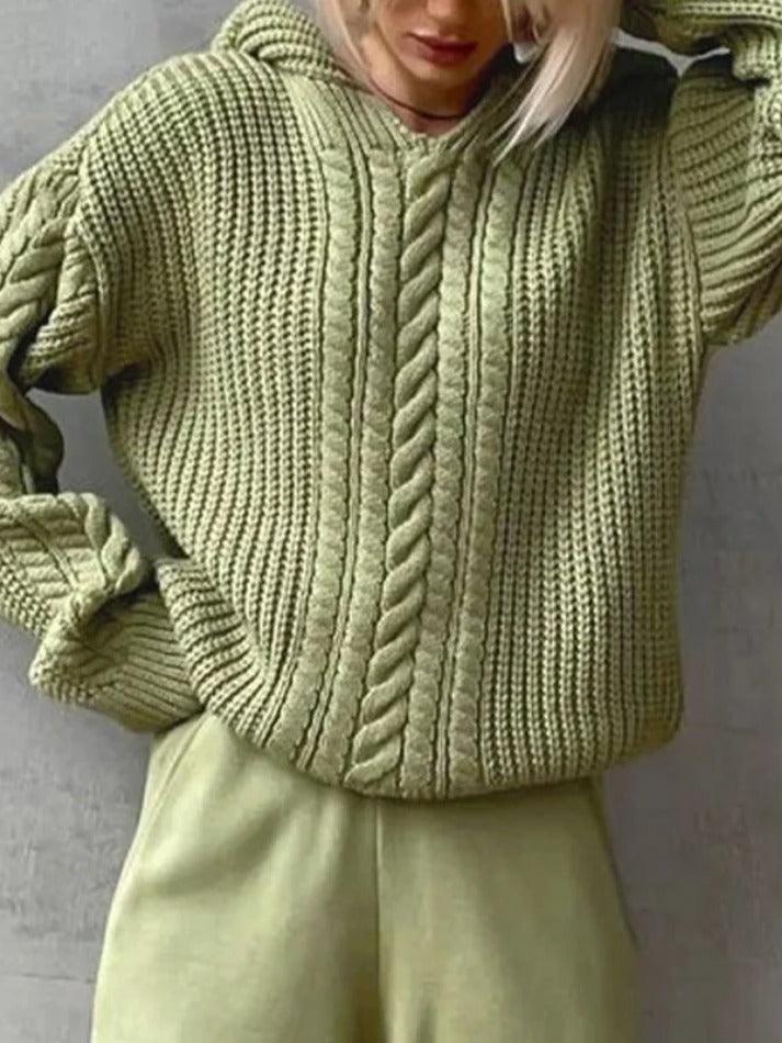 Solid Color Hooded Cable Knit Sweater - AnotherChill